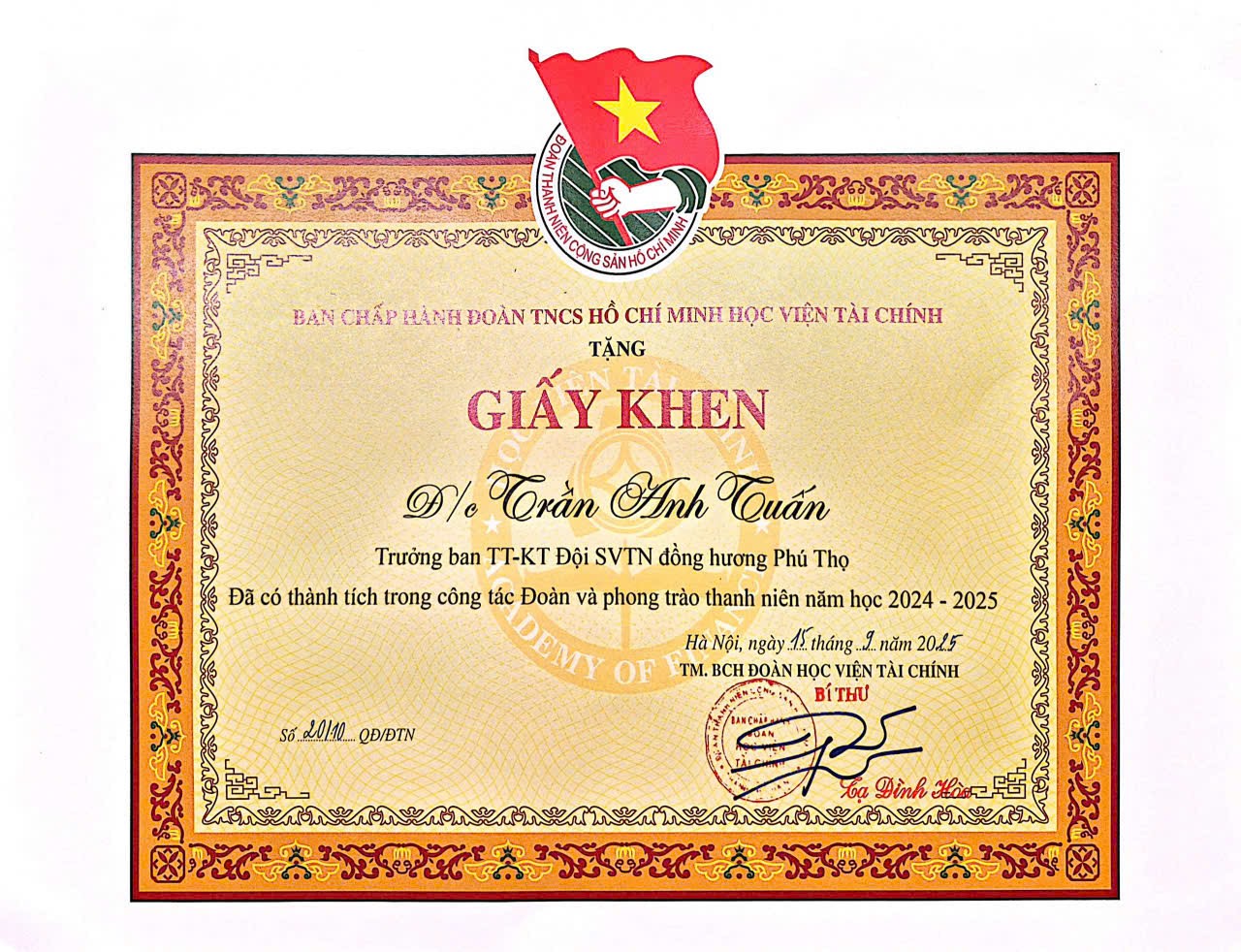 Giấy khen Đoàn TNCS HCM Học viện Tài chính